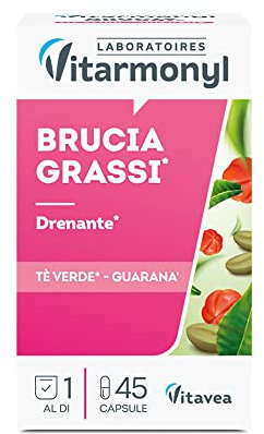 Brucia Grassi - Drenante - Integratore Alimentare a base di Tè Verde e Guaranà per il Controllo del Peso - Formula con Doppia Concentrazione - Confezione da 45 Capsule - Vitarmonyl