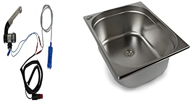 Edelstahl Spülbecken Camping Spüle Waschbecken + Ablauf + 12v Barwig Automatikwasserhahn + 12V /10l Min Tauchpumpe 325x265x150 mm + 12V Spiralkabel 5m vormontiert (ad-ideen)