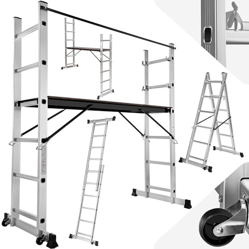 tectake® multiställning i aluminium, 4-i-1, med 2 hjul, stabil, halksäker | bärförmåga 150 kg, totalmått 160x70x109 cm, stegbredd 36 cm, höjd två delar 275 cm, stege, trappstege, silver