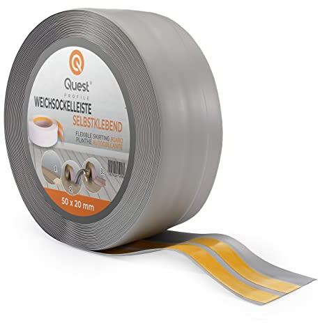 Quest Battiscopa Morbido Adesivo - 50 mm x 20 mm - Listello in PVC, Finitura Flessibile, Profilo Angolare per Cucina, Bagno, Parete, Pavimento - Decorativo (Grigio, 5m)
