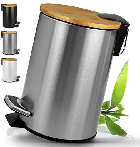 HIBATH® Sminkhink i rostfritt stål med bambulock (5 liter, silver) – badrumsavfallskorg med automatisk sänkning – praktisk papperskorg – toalettpedalhink