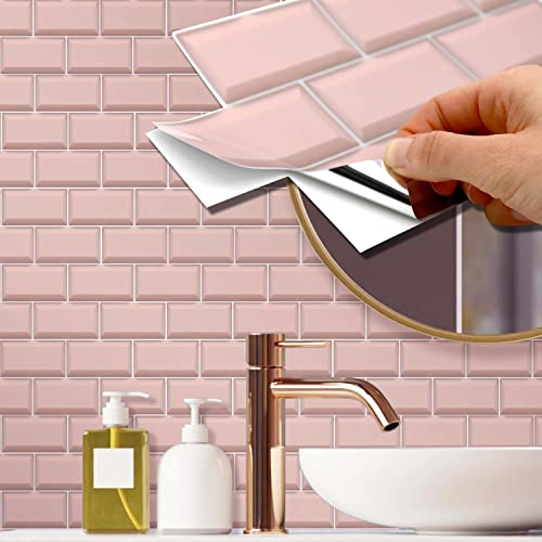 WALPLUS Tile Sticker 28.5x14cm@12 pcs Blush Pink Subway Brick Backsplash Tile Paint Stick on Tiles Peel and Stick Self Adhesive Wall Tiles Stickers Kitchen Bathroom Tile Transfer