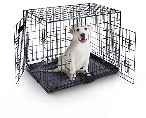 Hundekäfig (76cm) – Haustierkäfig aus schwarzem Metall mit 2 Türen (vorne und seitlich) mit kaubeständiger Kunststoff-Basisschale und Tragegriff, robuste Box, perfekt für Welpentraining (mittel)