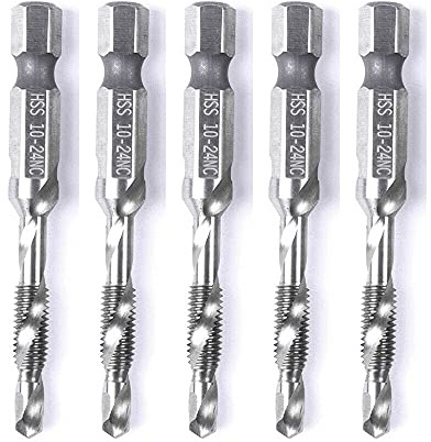 szgate 5PCS Combination Drill Tap Bit Set Screw Tapping Hex Shank HSS Metric/Imperial Plug Drill Bits Hand Tools 10-24NC,5mm