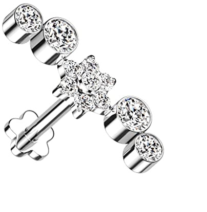 Paula & Fritz® Push-In Labret Piercing Blume Opal Zirkonia Titan-IUM Grade 23 Kugel Piercing Set 1,2-mm Stab-Dicke Blüten-Sockel Madonna Medusa Monroe