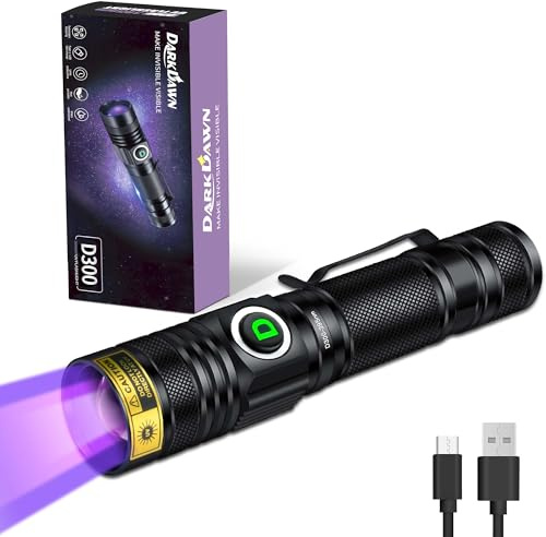 DARKDAWN Lampe de poche UV 395 nm rechargeable par USB - Lampe LED ultraviolette portable pour détection d'urine de chat, taches sèches, verre d'uranium, durcissement de la résine, D300 395 nm