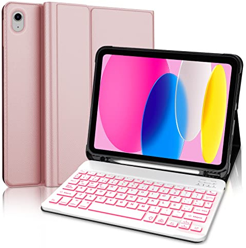 IVEOPPE Teclado para iPad 10 Generación 2022/11 Generación A16 2025 (10.9/11 Pulgada), QWERTY Español Ñ, Retroiluminado Bluetooth Magnéticamente Funda Teclado para iPad 10/11 Gen, Oro Rosa