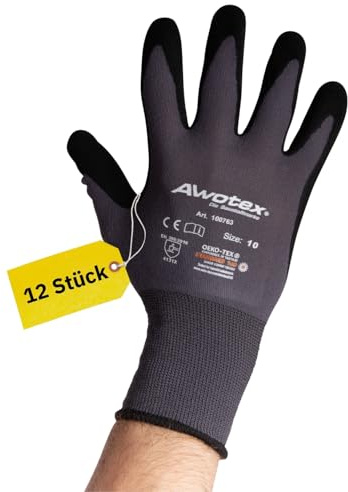 AWOTEX Montagehandschuh Nitril Größe 10 I 12 Stück Arbeitshandschuhe mit Nitrilschaum-Beschichtung I Gummi Handschuhe I Work Gloves 90% Nylon I Handschuhe Arbeitshandschuhe wasserdicht