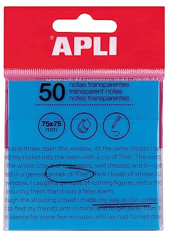 APLI 19571 - genomskinliga självhäftande anteckningar, 75 x 75 mm, färg: blå - 50 genomskinliga vattenbeständiga ark, perfekt för studenter och lärare.