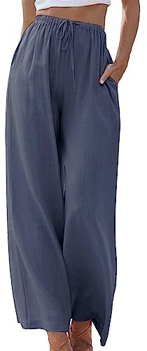 Duyang Womens Cotton Linen Palazzo Pants Drawstring Elastic Waist Casual Wide Leg Trousers with Pockets Blue