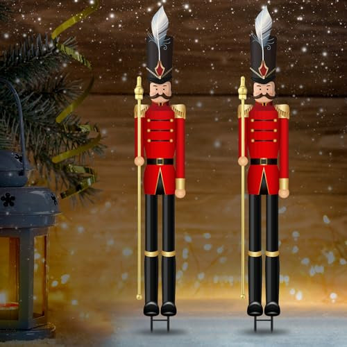 Marsui 2 Pcs Large Metal Christmas Nutcracker Yard Sign with Stakes 45 Inch Xmas Yard Outdoor Decoration Christmas Nutcracker Lawn Sign Soldier for Holiday Garden Porch Pathway(Classic)
