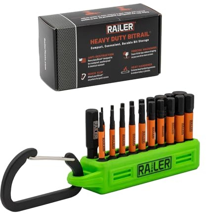 Railer 20-Piece 2-Inch Hex Impact Driver Bit Set with Holder, S2 Steel | Complete hex tips for furniture assembly. Extended 2 reach, storage bit holder & belt carabiner clip for 1/4 chucks.