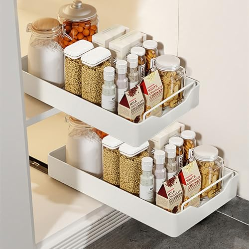Herfair Teleskopschublade 2 Stück Küchenschrank Organizer mit Griff Ausziehbarer Schrank Organizer Kohlenstoffstahl Küchenschubladen Ohne Bohren Multifunktional Schublade (25 x 43 x 7 cm)