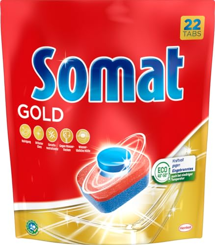 Somat Gold Spülmaschinen Tabs (22 Tabs), Geschirrspül Tabs für strahlend sauberes Geschirr auch bei niedrigen Temperaturen, Extra-Kraft gegen Eingetrocknetes