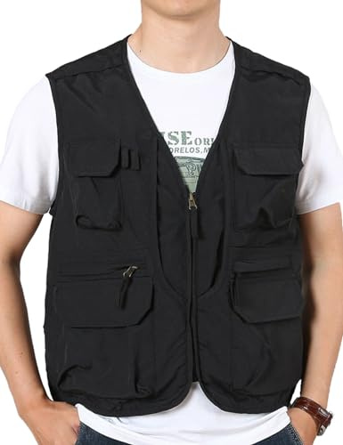 Sukany Chaleco de Verano para Hombre Utilidad Safari Pesca Chaleco Viaje Cargo Trabajo Tiro Militar Chaleco Ligero Sin Mangas Aventurero Chaleco Múltiples Bolsillos Chaquetas, Negro, S