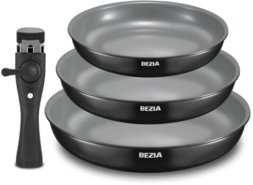 BEZIA Set Padelle Induzione con Manico Rimovibile, Set Padelle con Rivestimento in Ceramica, per Tutti i Piani Cottura, 20 + 24 + 28 cm, Salvaspazio, Lavabile in Lavastoviglie/Forno, Verde