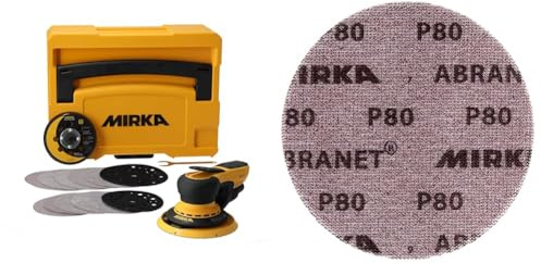 Mirka DEROS II 5650 Exzenter-Schleifer Schleifmaschine mit Absaugung & Abranet Netz-Schleifscheiben Ø 150 mm Klett/Korn P80 / 50 Stk