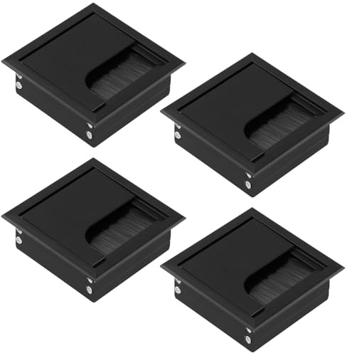 QWORK® 4 Stück 80x80mm Kabeldurchführung für Schreibtisch - Aluminium Kabeldurchlass mit Bürstendichtung - Schwarz