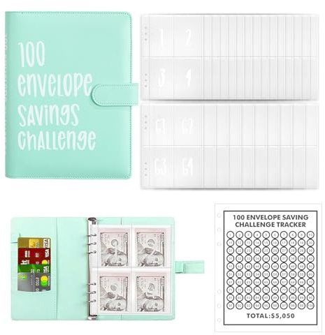 SRJQXH Geld Organizer A5 100 Envelope Saving Challenge mit Stiftclip, Geld Sparen Challenge Wasserdicht Staubdicht Sparheft Eingebautes Fach, Grün Sparbuch für Paare Büro Zuhause