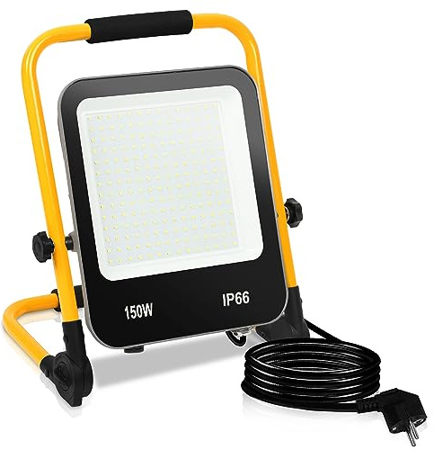 Daromigo LED Baustrahler 150W,Faltbare Arbeitsleuchte,LED Strahler mit stecker,Wasserdichter Baustrahler-3M Kabel 13000LM Bauscheinwerfer 6000K Tageslichtweiß Grau-gelb Baustrahler
