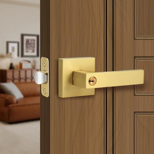 Moquin Square Design Keyed Entry Door Handle with Lock, Heavy Duty Door Lever with Keys, Reversible Handle for Front/Entrance Door in Satin Brass Finish