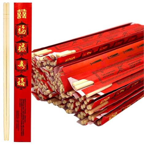 52USA Disposable Bamboo Chopsticks (100 Sets) - 9'' Long, UV Treated, Individually Wrapped Japanese and Chinese Wooden Chopsticks Bulk