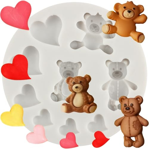 MINFEIDMS Bear Silicone Fondant Moulds Heart Candy Chocolate Mould for Cake Decorating Cupcake Topper Gum Paste Polymer Clay