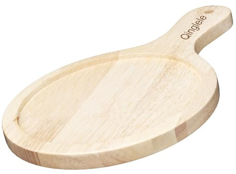 Qinglele Piatto per pizza, in legno di caucciù spesso, diametro 17,8 cm, rotondo, tagliere per pizza, piccolo con manico, per pizza