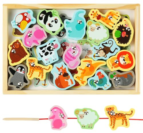 Vicloon Wooden Fishing Game, 19pcs Magnetic Fishing Game, Wooden Montessori Toys with Fish Rod for Kids 3+ Year Old Educational Learning Toys Wildlife for Kids Beads Threading Game