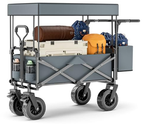 MINENICE Chariot de Transport Pliable avec Toit, 100L Chariot de Jardin, Capacité de Charge de 100 kg, Poignée Réglable, Tissu Oxford 600D, Tout Terrain pour Extérieur Camping Pique-Niqu (Grey)