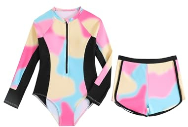 WYTbaby Girls Swimming Costume Two Piece Swimsuit Long Sleeve Rash Guard Shirts with Shorts for Girls 11-12 Years Pink