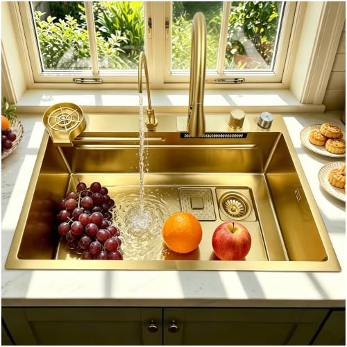 OMGMTSTORE 70x50cm Fregadero de cocina cascada, fregadero de cocina dorado, gran fregadero de 1 cubeta, fregadero de cascada para lavar con grifo extraíble, dispensador de jabón, enjuaga tazas, filtro