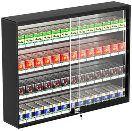 Cigarettdisplayfodral – väggmonterad hylla med skjutdörr och lås för 5/10-pack cigaretter – perfekt för butiksmarknaden