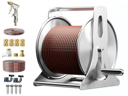 HBOOMOEM Wall-Mounted Garden Hose Reel，Stainless Steel Hose Reel Garden Hose Holder Kit，Suitable for Watering Flowers in Gardens, Garden Lawns, and Farm Terraces.(Water Gun Type,10m)