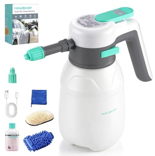 HAUSHOF Pulvérisateur de Mousse Électrique 1,8 L USB-C pour Lavage Auto | Pulvérisation Mousse et Eau, Buse Rotative 360°, 330 ml Shampoing Auto et Gant inclus, Autonomie Jusqu'à 30 min