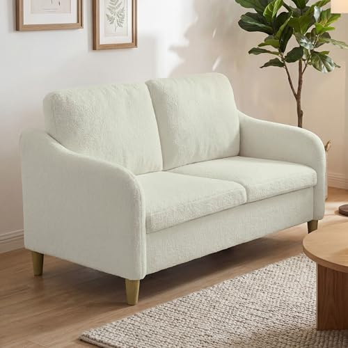 HOMCOM Canapé 2 Places Tissu Bouclette 137 cm Assise rembourrée et Structure en Bois Massif, pour Chambre, Appartement, Petit Espace, Crème