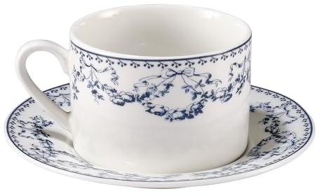 fanquare Euro Style Ensembles Tasses et Soucoupes en Porcelaine 230ml Motif Nœud Papillon et Fleurs Bleue,Tasse à Thé avec Soucoupe pour Petit-Déjeuner Bureau et Maison