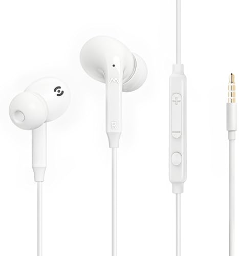 MAS CARNEY Auriculares In-Ear con Cable, 3 ALM. de Silicona (L/S/M), Cascos de Música con Micrófono y Control de Volumen para PC, Portátil, Móvil, Switch, PS4, PS5, Xbox, Juegos, Teletrabajo - Blanco