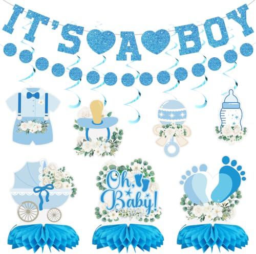 9 Pack It's A Boy Baby Shower Decorations Blue Banner Spiral Party Supplies | Welcome Baby Hanging Swirls Table Honeycomb Centerpieces Toppers Backdrop for Gender Reveal Birthday Party Supplies
