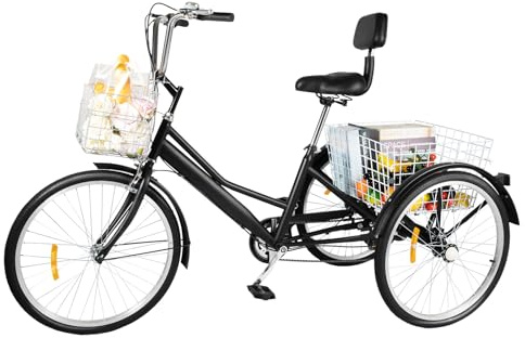 Dreirad für Erwachsene 24 Zoll 7 Gang, Cruiser Dreirad mit Vorder- und Hinterkorb, verstellbarer Sattel, Lastenfahrrad für Senioren Männer Frauen, Alltagsfahrrad für Einkauf oder Ausflug, Schwarz