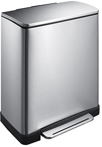 EKO E-Cube Tretmülleimer 50L Edelstal (34.5 x 50 x 65 cm, Dämpfer-System, Fingerabdruck frei, Stay-Open, Abfallbeutelfixierung), matt silber | Eckig, Volumen 50 l, Anti-Fingerprint-Beschichtung