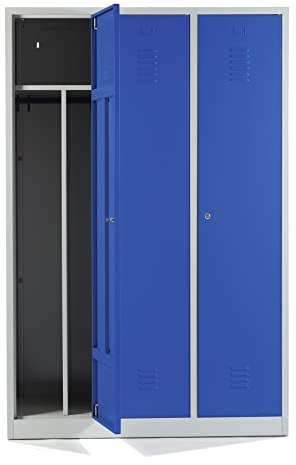 Schrank & Stuhl Spind – Metallspind mit 3 Abteilen in 180 x 120 x 50 cm, inkl. Hutboden, Trennwand und Zylinderschlössern, Lieferung komplett montiert, Grau/Blau