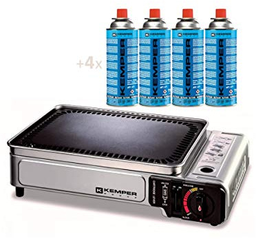 Barbecue a gas portatile 2.8 KW con piastra antiaderente + 4 cartucce gas da campeggio