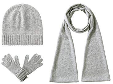EURKEA Damen Schal aus 100 % reinem Kaschmir, Handschuhe, Beanie-Mütze, Geschenkbox-Set, Hellgrau, S/M (17/18 cm)