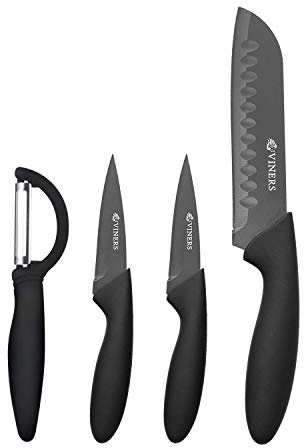 Viners Everyday 4 Piece Black Stainless Steel Knife Set and Peeler