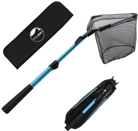 YVLEEN Faltbares Fischernetz – Faltbarer Fischkescher, robuster Aluminium-Teleskopstangengriff und Nylon-Netz, 40,6 cm Reifengröße