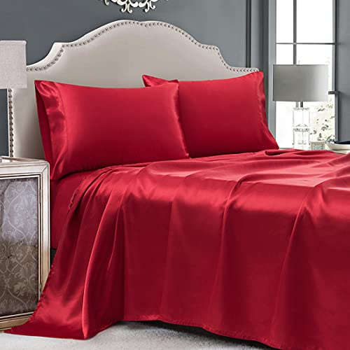 Cobedzy 4 Pcs Red Satin Sheets Queen Size Silk Satin Bedding Sheets Set with 1 Deep Pocket Fitted Sheet, 1 Flat Sheet, 2 Pillowcase