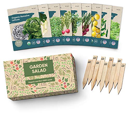 Certified Organic Vegetable Seeds - 9 Heirloom Seeds for Planting Vegetables - Seed Packets & Gift Box - Cherry Tomato, Romaine Lettuce, Broccoli, Cucumber, Radish, Sugar Snap Pea, Arugula, Basil
