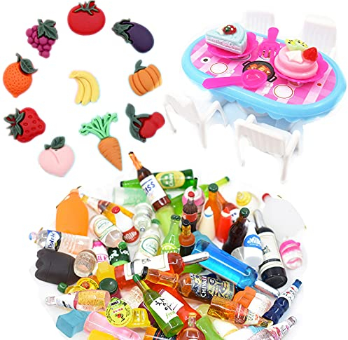 XHBTS 32 Stück Maßstab Miniaturen Puppenhaus Küchenzubehör Enthält 10 Mini Obst Gemüse, 10 Mini Weinflaschen Champagner Tassen, 12 Mini Kuchen Tisch Stuhl Set für Puppenhaus Dekor