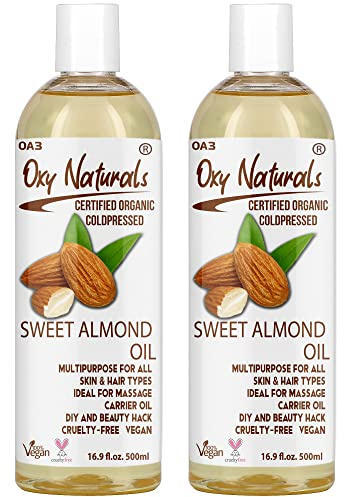 Oxy Naturals Sweet Almond Oil 500ml (Pack of 2) - Nourishing Care for Skin, Hair, Nails & Body - Perfect for Massage, Cuticles, Face, and Stretch Marks - Pure Carrier Oil for Aromatherapy